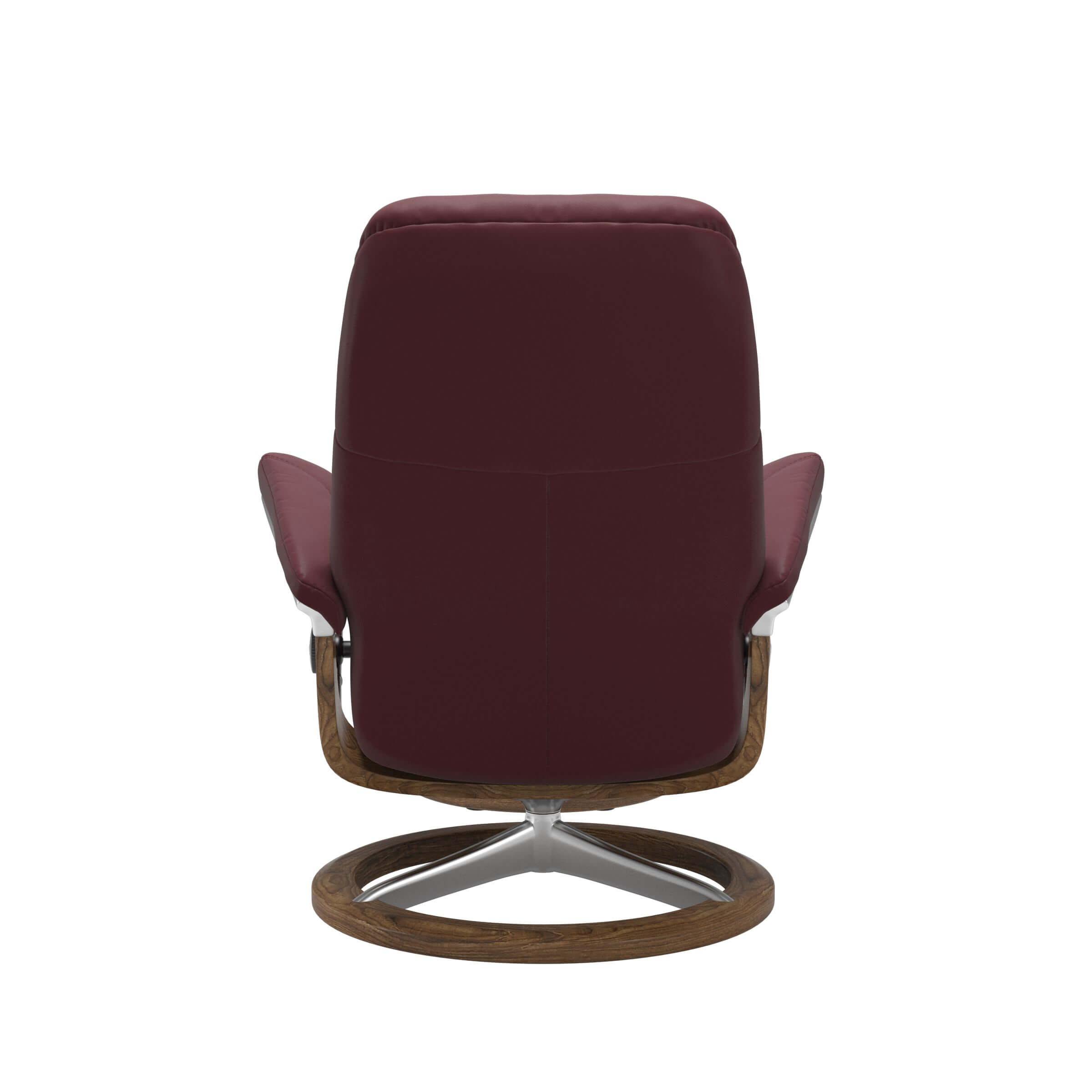 Ansicht von hinten: Stressles Modell Consul Signature in Batick bordeaux mit Untergestell in Holz Teakfarben gebeizt und Metall Chrom