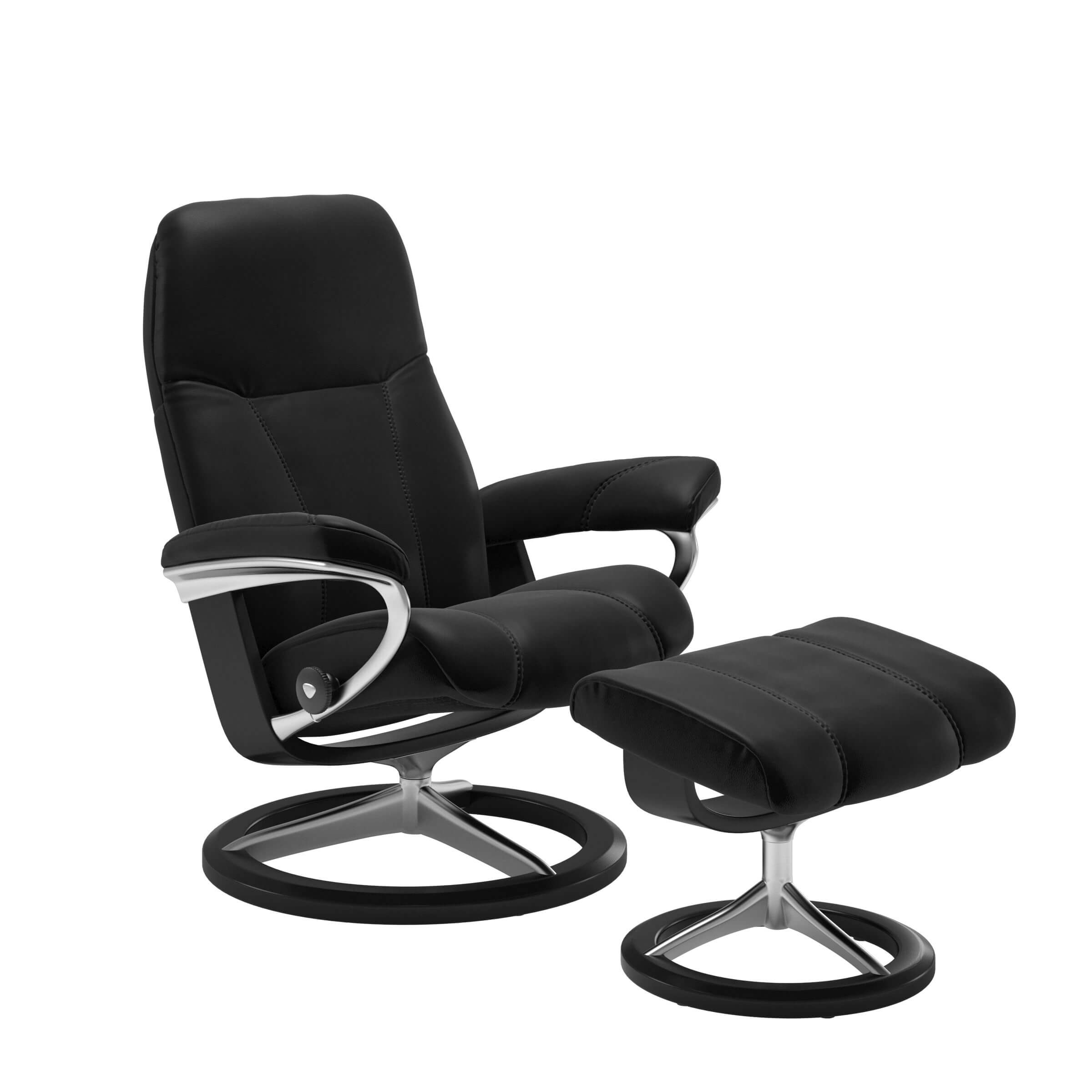 Stressless Sessel Consul mit schwarzem Leder und Signature Untergestell in Chrom und Holz Schwarz gebeizt