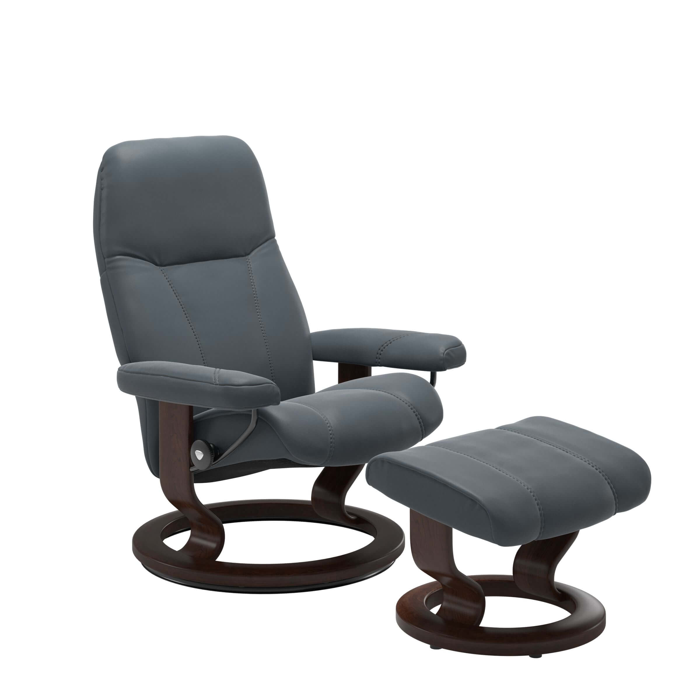 Stressless Ledersessel Consul mit Classic Untergestell in Holz braun gebeizt und Lederbezug Batick Atlantic Blue