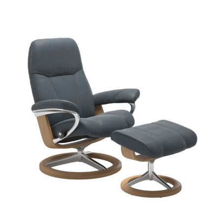 Stressless Signature Sessel mit Hocker, Modell Consul in Leder Batick Atlantic Blue, Holz eichefarben gebeizt, Metall chrom