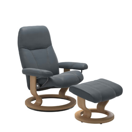 Stressless Relaxsessel Consul mit Hocker, bezogen in Leder Batick Atlantic Blue, Holzgestell Classic eichefarben gebeizt
