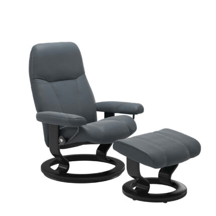 Stressless Sessel Consul Classic mit Hocker, Holzgestell schwarz gebeizt, Lederbezug Atlantic Blue