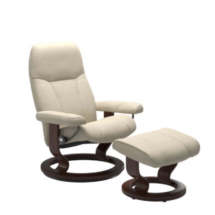 Stressless Sessel Consul in Echtleder Batick Cream mit Classic Gestell in Holz braun gebeizt, inklusive Hocker