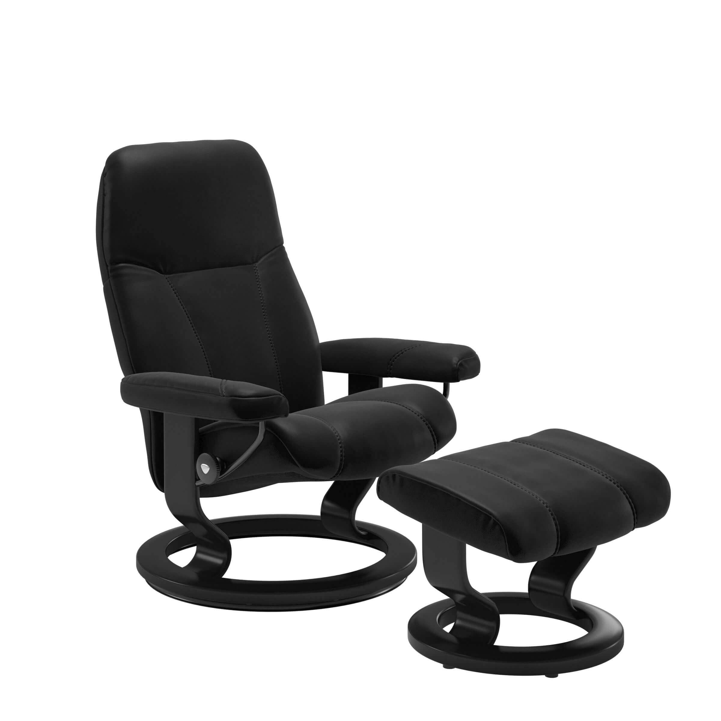 Stressless Consul Sessel in Leder Batick schwarz mit Classic Gestell in Holz schwarz gebeizt