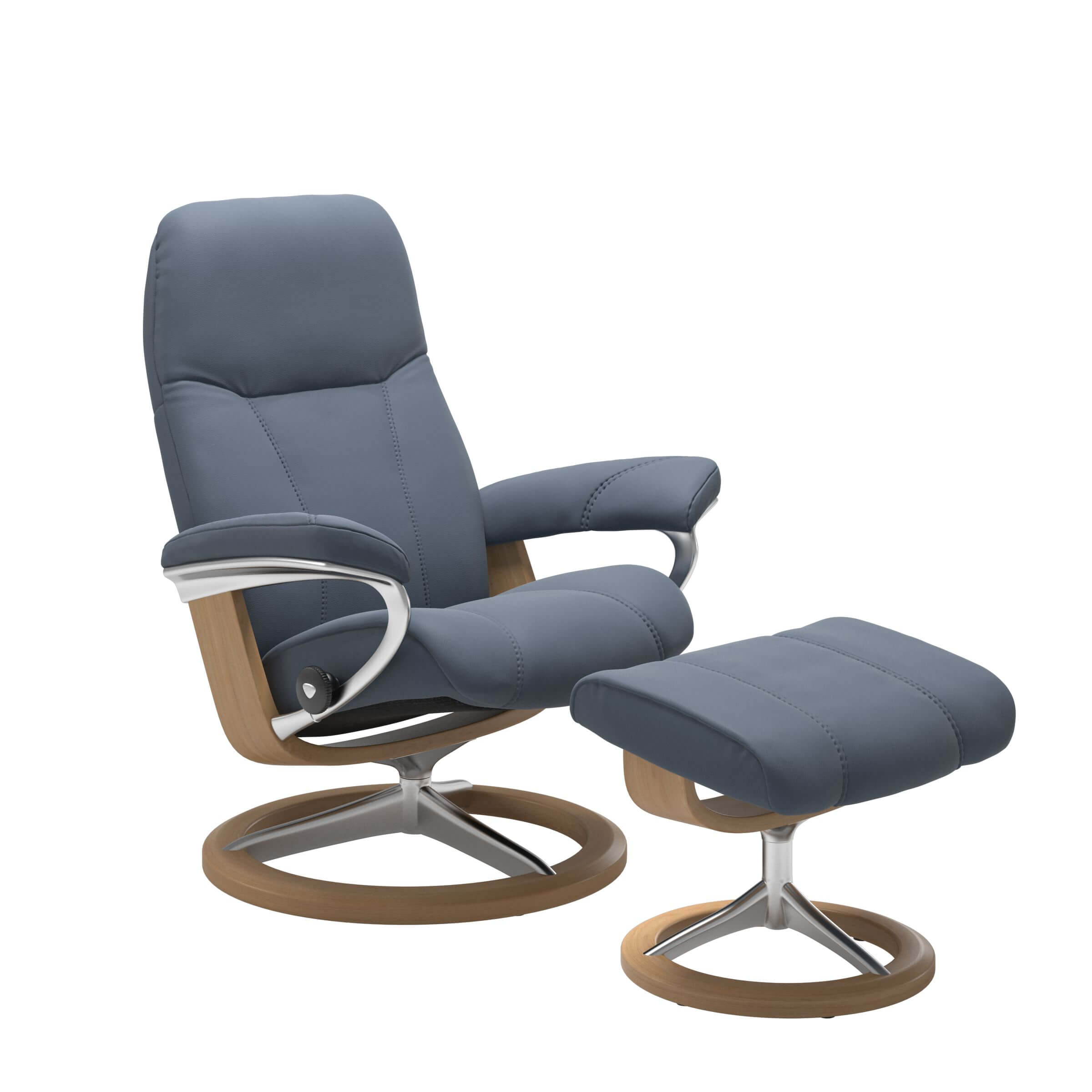Stressless Sessel Consul Signature mit Hocker, Untergestell Eichefarben gebeizt und Metall Chrom, Lederbezug Paloma Sparrow Blue