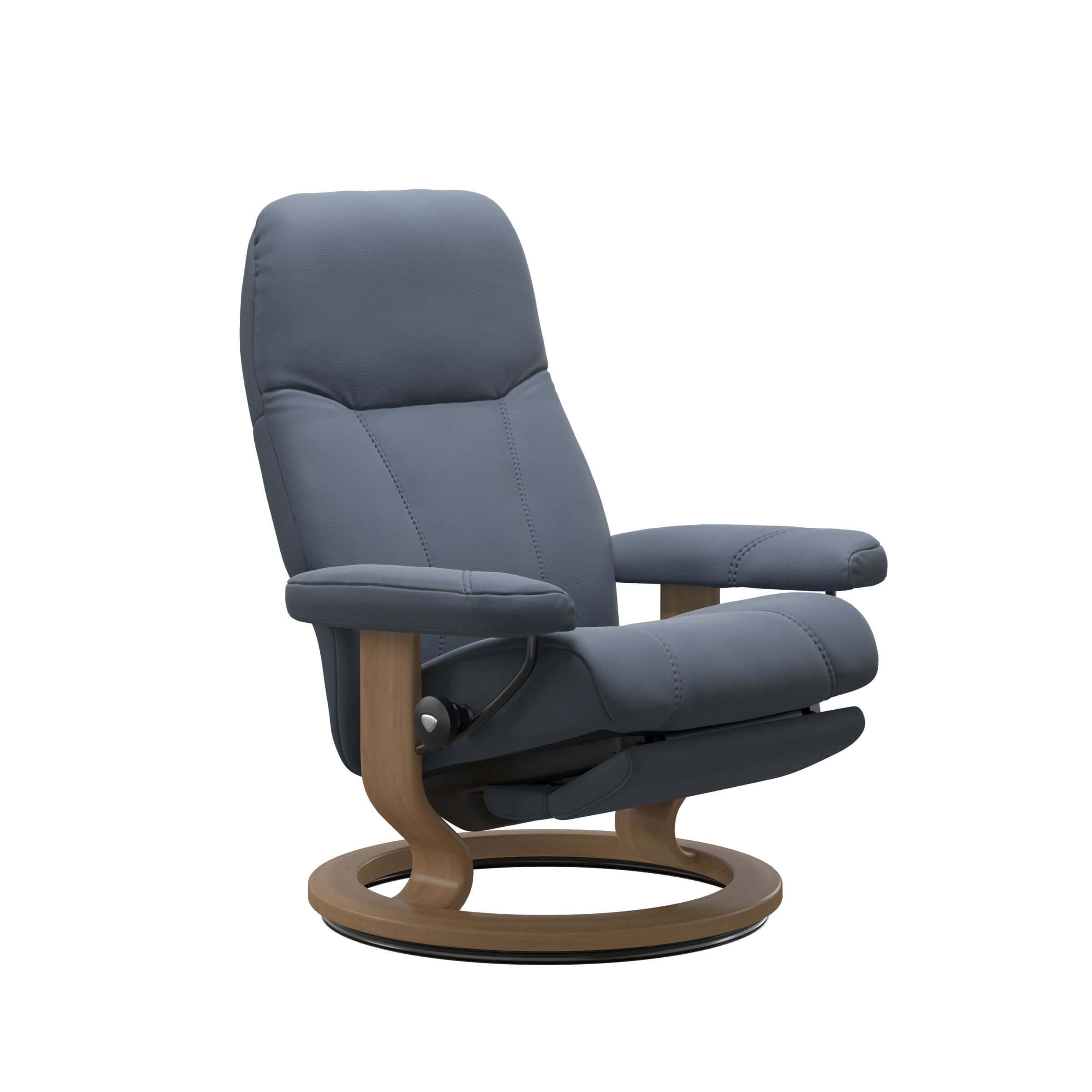 Stressless Power Sessel mit Holzgestell eichefarben gebeizt und Lederbezug Paloma Sparrow Blue, mit elektrischer Verstellung