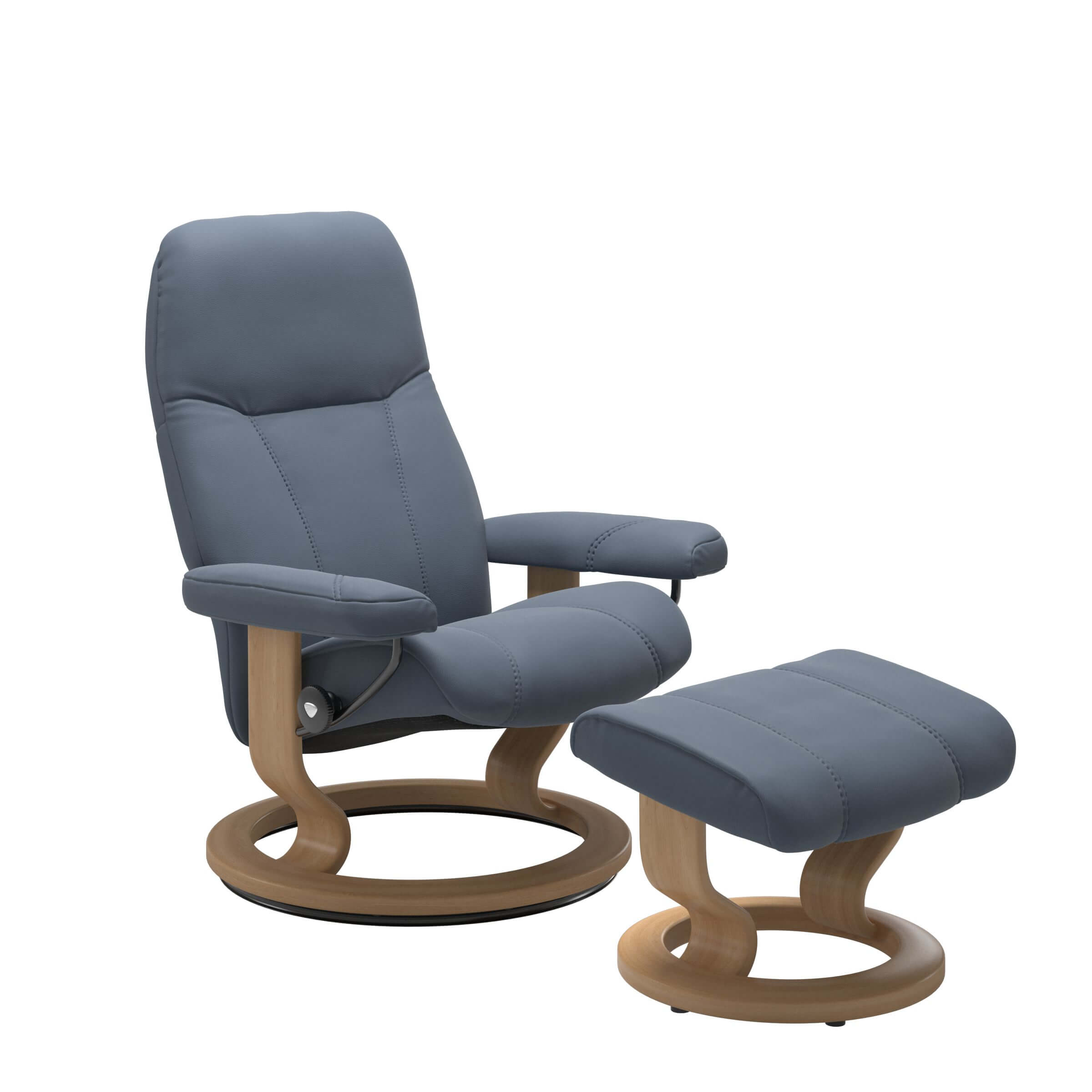 Stressless Sessel Consul Classic mit Holzgestell eichefarben gebeizt und Lederbezug Paloma Sparrow Blue, inklusive Hocker