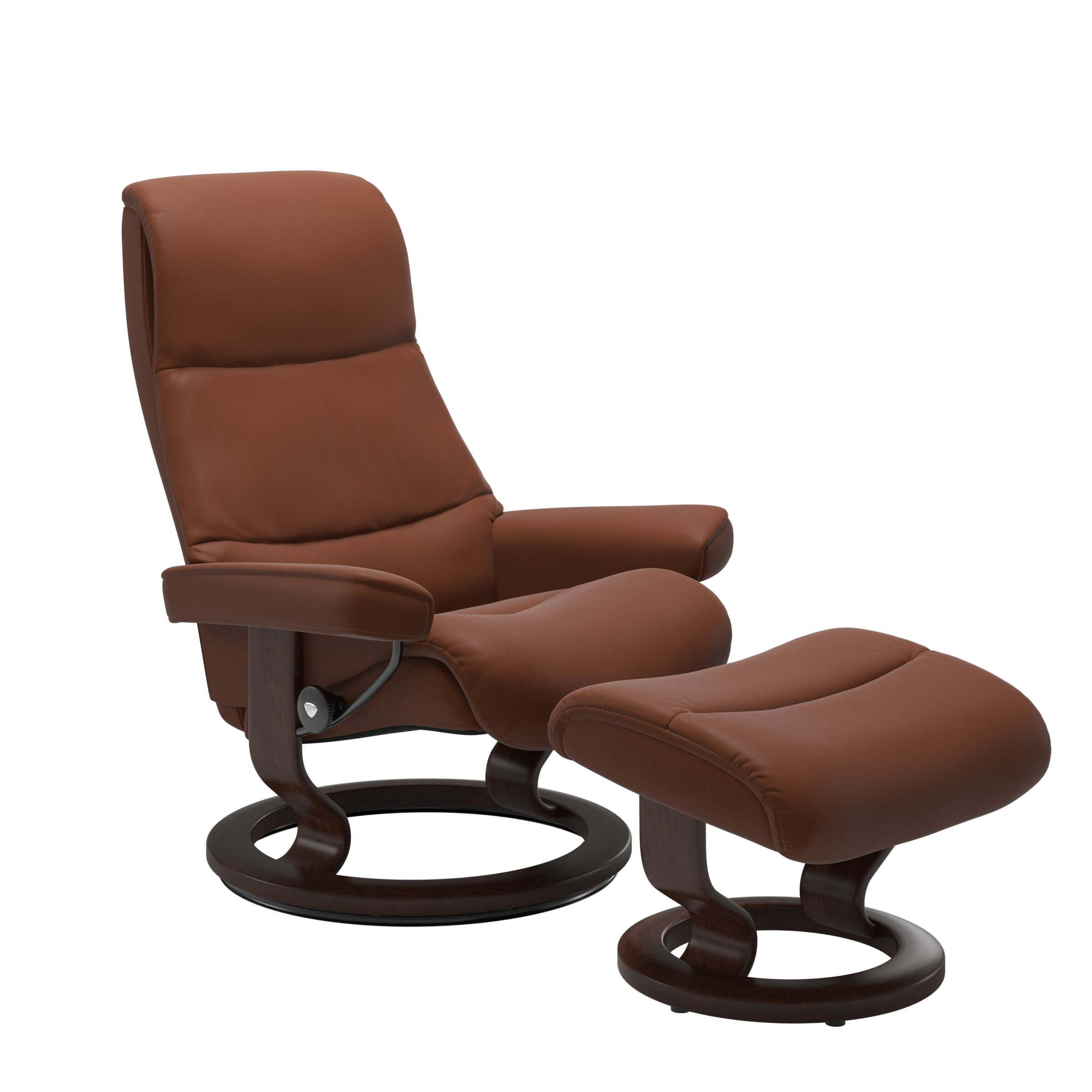 Stressless Sessel View mit Hocker, mit Classic Untergestell in Holz braun gebeizt, Lederbezug Paloma Copper