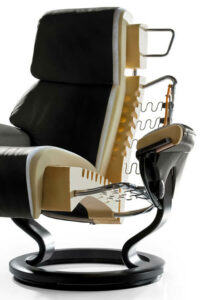 Querschnitt durch einen Stressless Sessel, zeigt das Innenleben und die Polsterung des Stressless Sessels sowie die Mechanik und Funktion