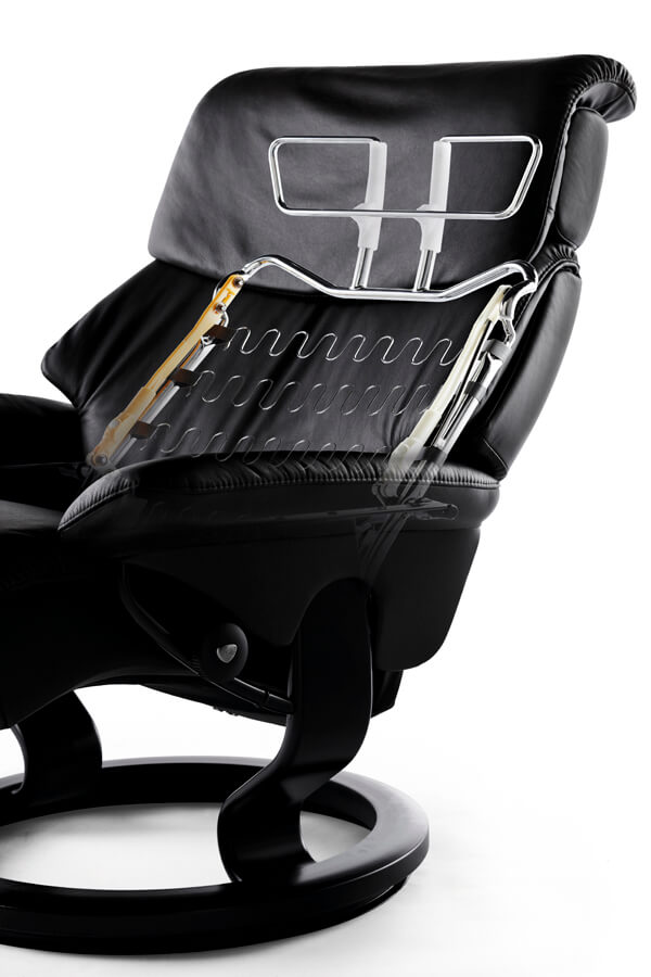 Schwarzer Stressless Sessel mit Innenleben, zeigt die Rückenlehne und die Nackenstütze in ihrer Funktion