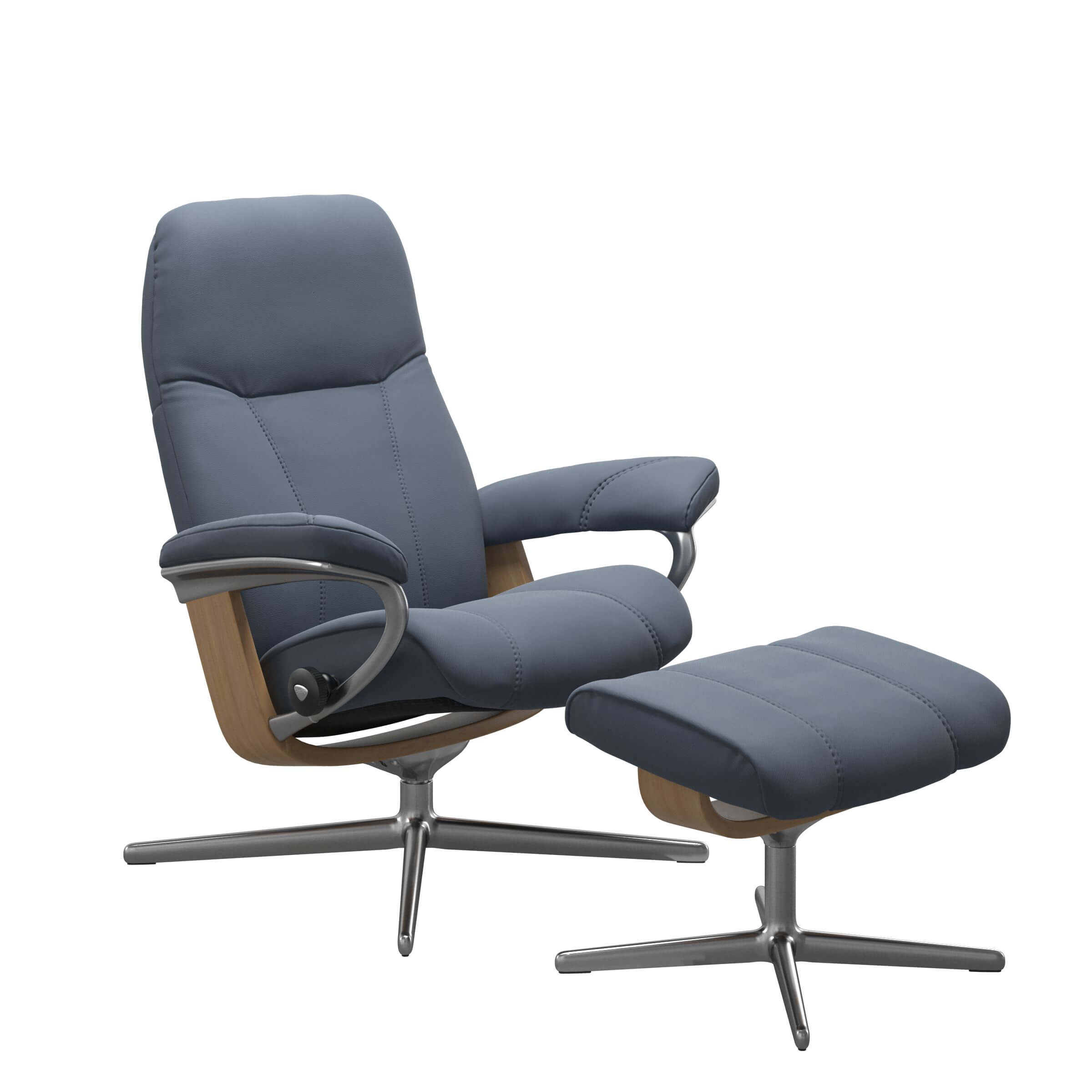 Stressless Sessel Consul mit Cross Untergestell, bezogen in Leder Paloma Sparrow Blue, Holz Eichefarben gebeizt, Metall Chrom
