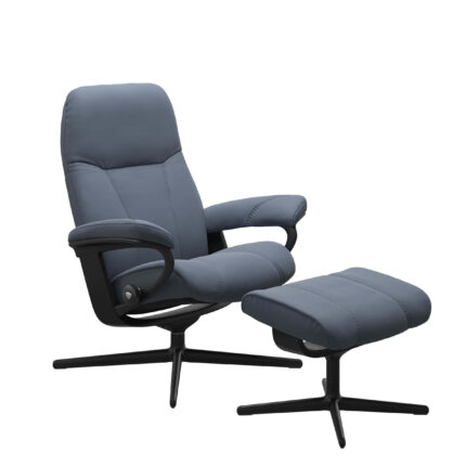 Stressless Consul CrossBase in schwarz, Sessel und Hocker, bezogen in Leder Paloma Sparrow Blue